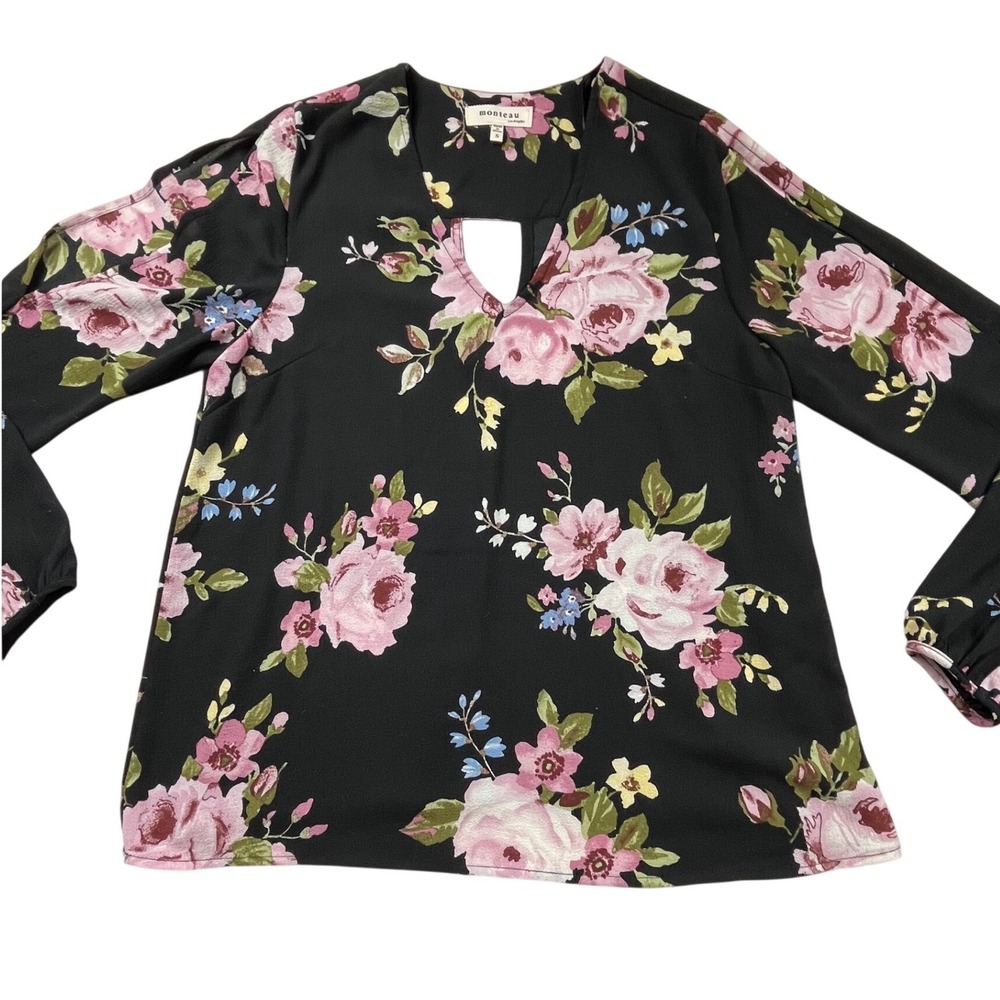 Monteau Los Angeles Black Pink Floral Cold Shoulder V-Neck Blouse Small